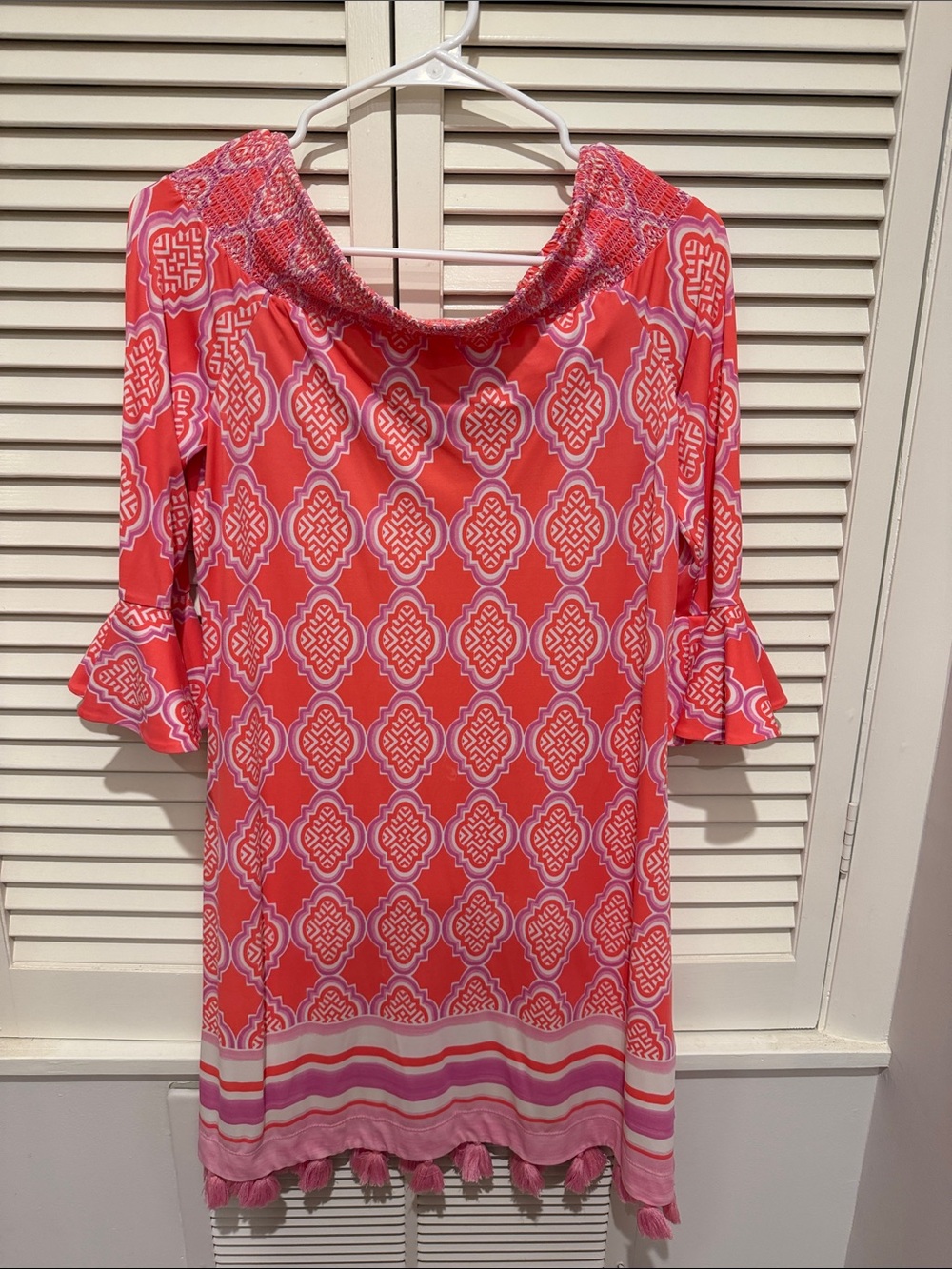 Cabana Life Coral and Pink Geo-Print Off-Shoulder Tunic with Tassels